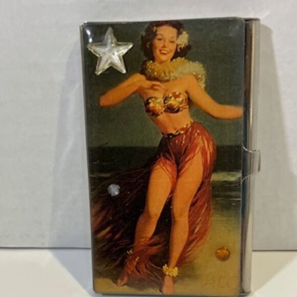 Vintage Silver Toned Cigarette Case w/ Pin Up Hula Girl Picture on Front - Picture 2 of 10